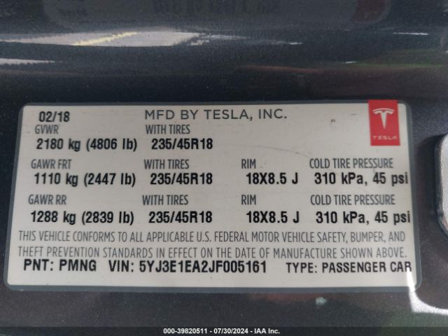 Photo 8 VIN: 5YJ3E1EA2JF005161 - TESLA MODEL 3 