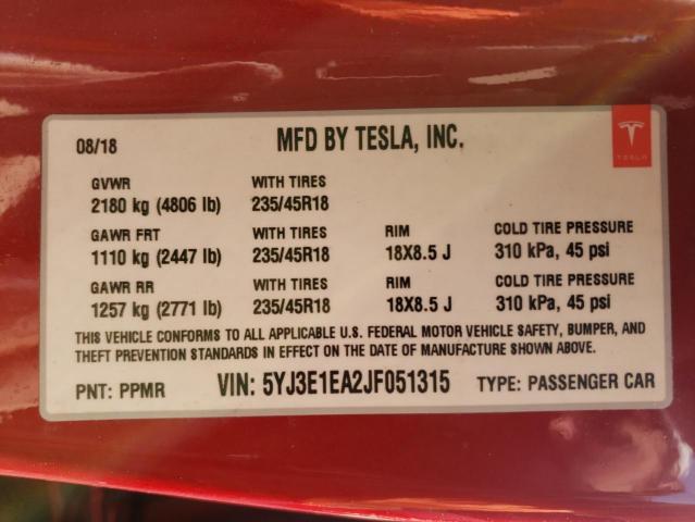 Photo 11 VIN: 5YJ3E1EA2JF051315 - TESLA MODEL 3 