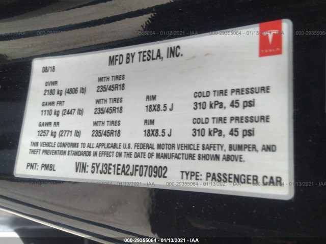 Photo 8 VIN: 5YJ3E1EA2JF070902 - TESLA MODEL-3 