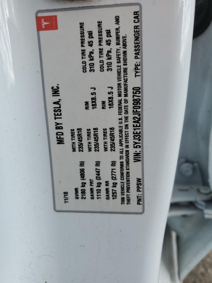 Photo 11 VIN: 5YJ3E1EA2JF098750 - TESLA MODEL 3 