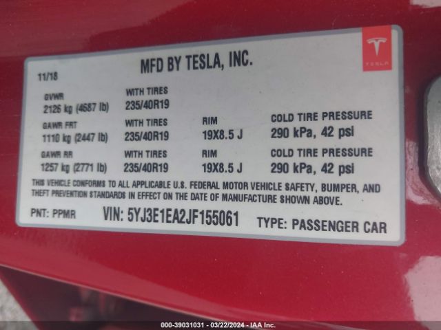 Photo 8 VIN: 5YJ3E1EA2JF155061 - TESLA MODEL 3 