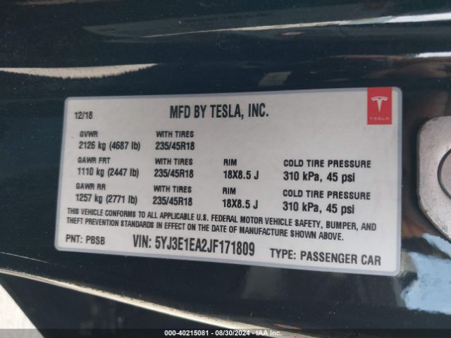 Photo 8 VIN: 5YJ3E1EA2JF171809 - TESLA MODEL 3 