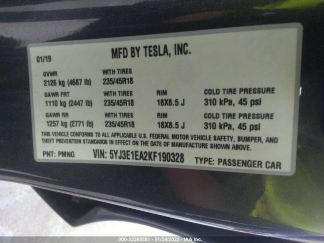 Photo 8 VIN: 5YJ3E1EA2KF190328 - TESLA MODEL 3 