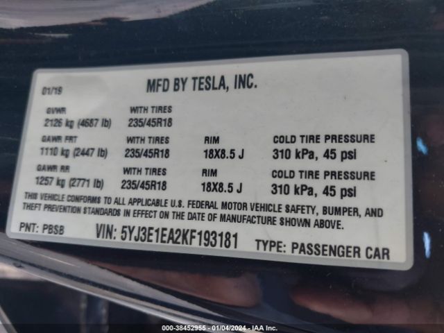 Photo 8 VIN: 5YJ3E1EA2KF193181 - TESLA MODEL 3 