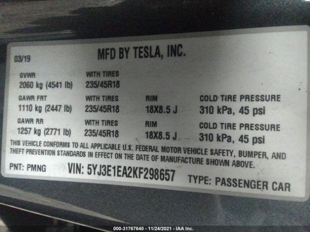 Photo 8 VIN: 5YJ3E1EA2KF298657 - TESLA MODEL 3 