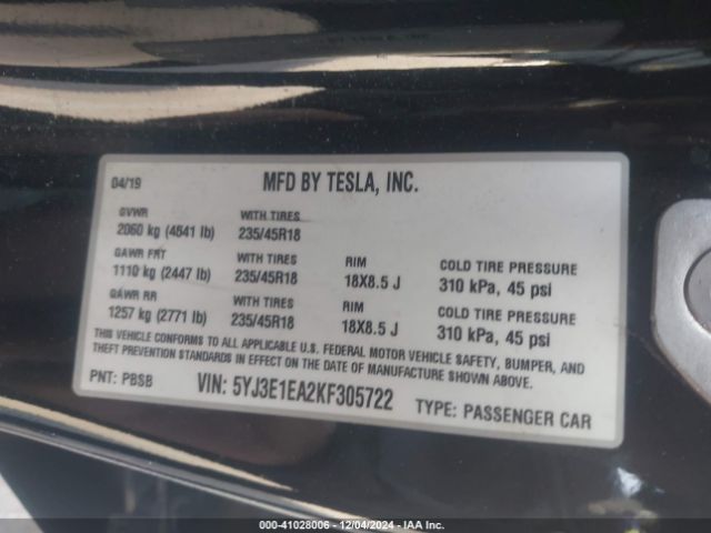 Photo 8 VIN: 5YJ3E1EA2KF305722 - TESLA MODEL 3 