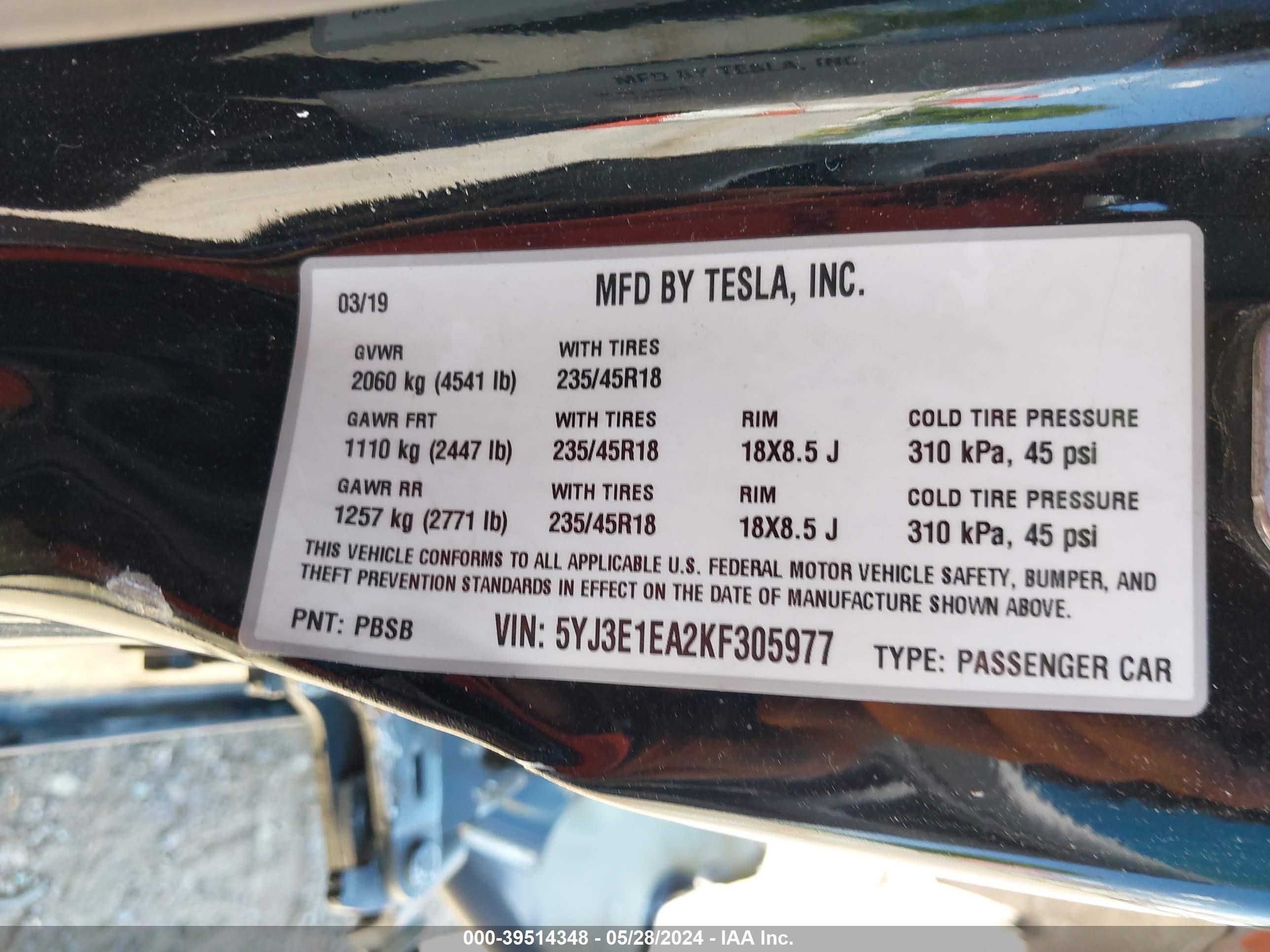 Photo 8 VIN: 5YJ3E1EA2KF305977 - TESLA MODEL 3 