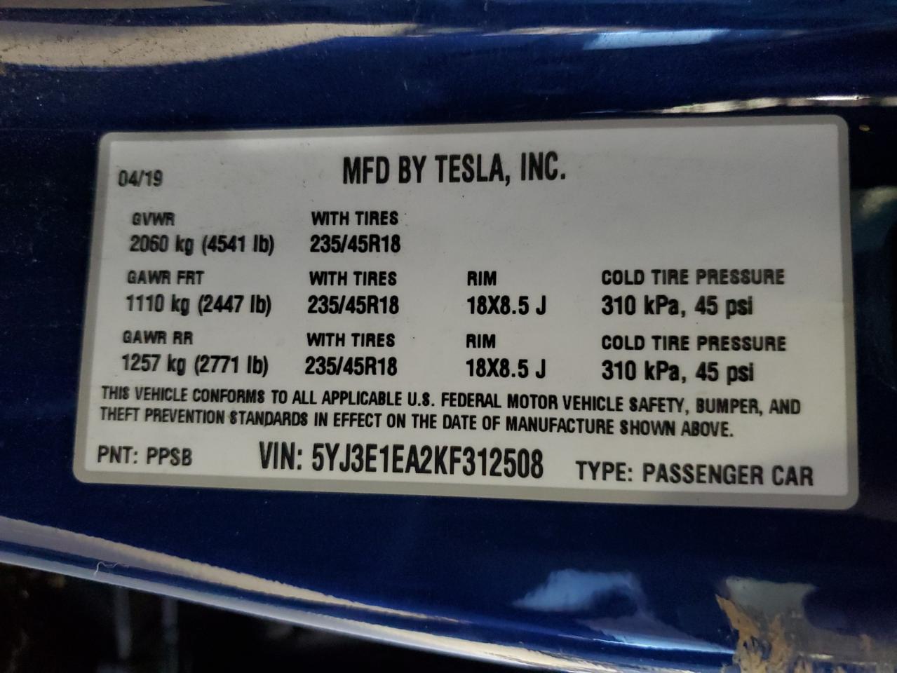 Photo 12 VIN: 5YJ3E1EA2KF312508 - TESLA MODEL 3 