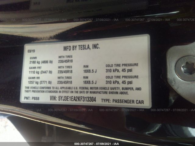 Photo 8 VIN: 5YJ3E1EA2KF313304 - TESLA MODEL 3 