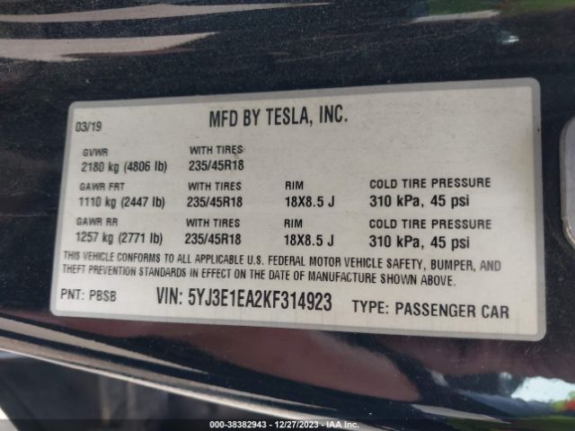 Photo 8 VIN: 5YJ3E1EA2KF314923 - TESLA MODEL 3 