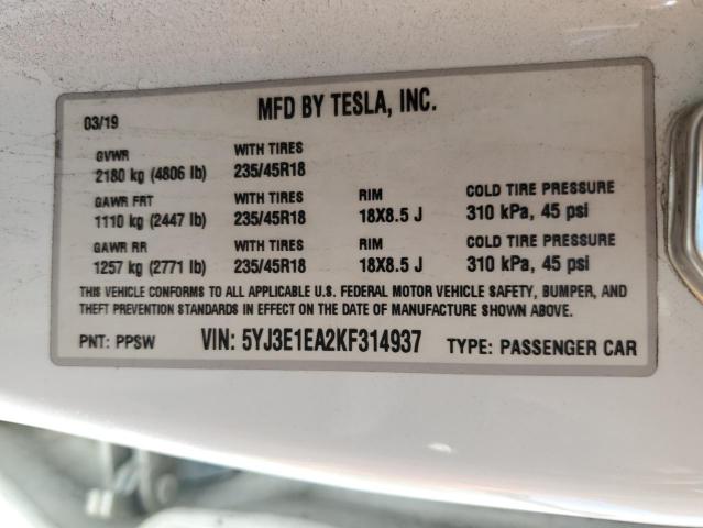 Photo 11 VIN: 5YJ3E1EA2KF314937 - TESLA MODEL 3 