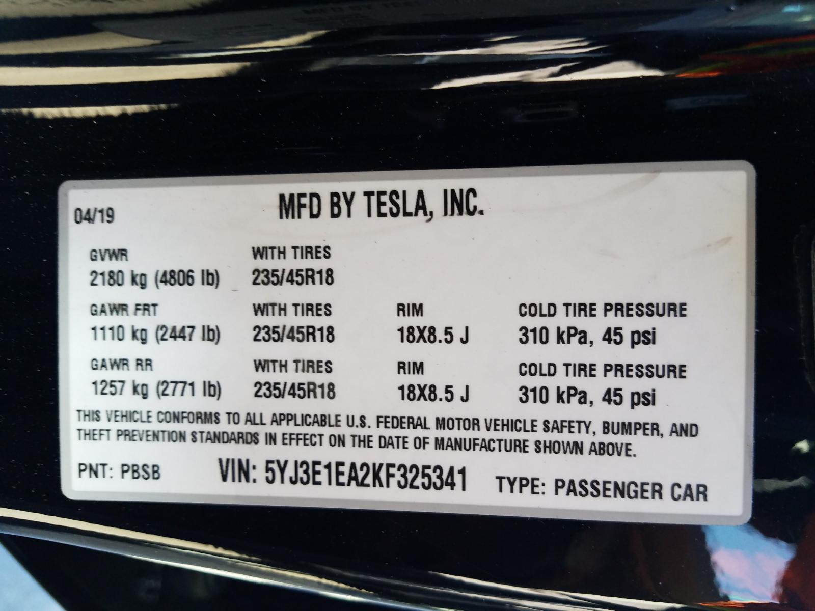 Photo 9 VIN: 5YJ3E1EA2KF325341 - TESLA MODEL 3 