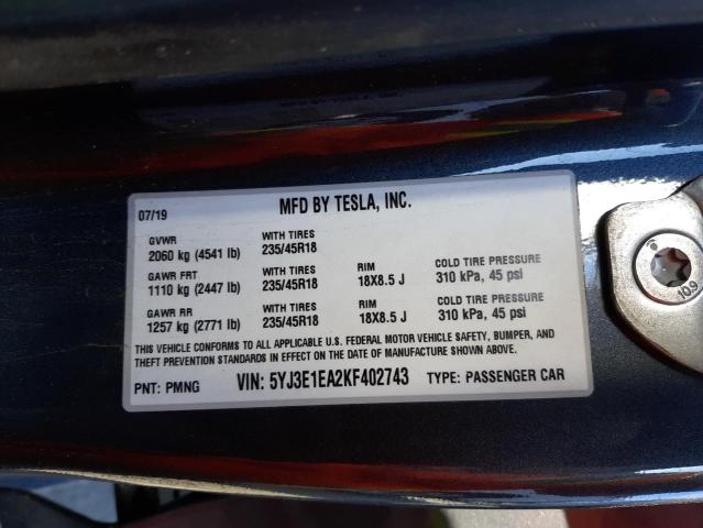 Photo 9 VIN: 5YJ3E1EA2KF402743 - TESLA MODEL 3 