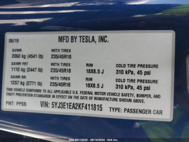 Photo 8 VIN: 5YJ3E1EA2KF411815 - TESLA MODEL 3 