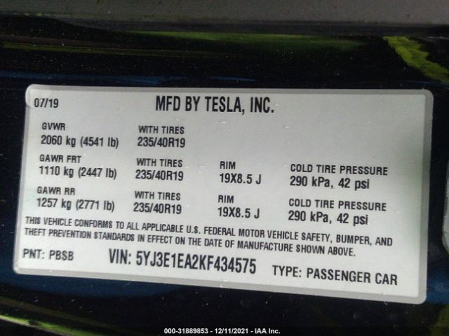 Photo 8 VIN: 5YJ3E1EA2KF434575 - TESLA MODEL 3 