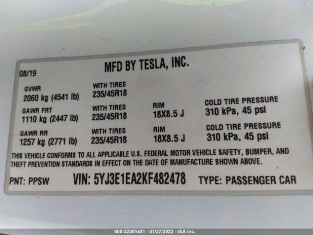 Photo 8 VIN: 5YJ3E1EA2KF482478 - TESLA MODEL 3 