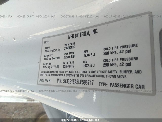 Photo 8 VIN: 5YJ3E1EA2LF598717 - TESLA MODEL 3 