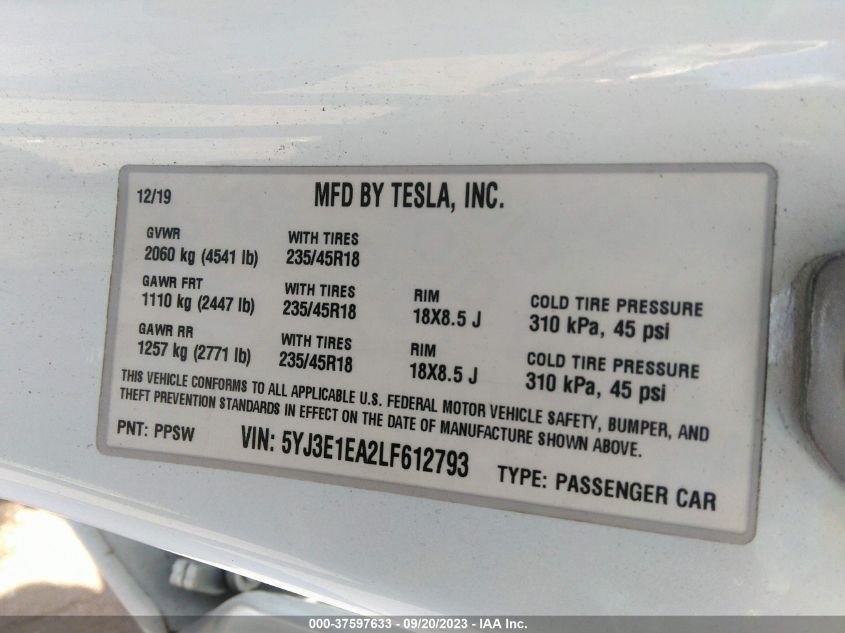 Photo 8 VIN: 5YJ3E1EA2LF612793 - TESLA MODEL 3 