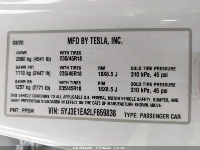 Photo 8 VIN: 5YJ3E1EA2LF659838 - TESLA MODEL 3 