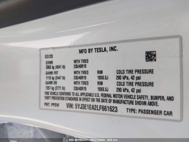 Photo 8 VIN: 5YJ3E1EA2LF661623 - TESLA MODEL 3 