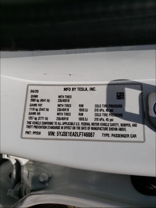 Photo 9 VIN: 5YJ3E1EA2LF746087 - TESLA MODEL 3 