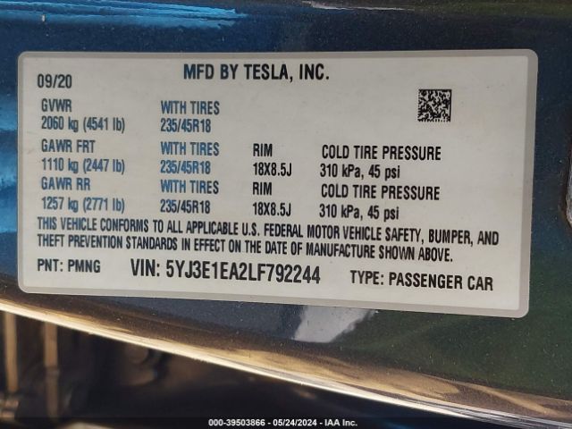 Photo 8 VIN: 5YJ3E1EA2LF792244 - TESLA MODEL 3 