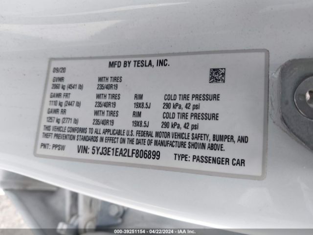 Photo 8 VIN: 5YJ3E1EA2LF806899 - TESLA MODEL 3 