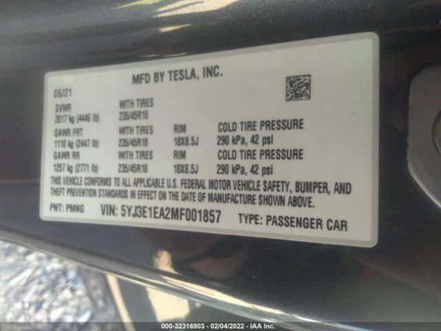 Photo 8 VIN: 5YJ3E1EA2MF001857 - TESLA MODEL 3 