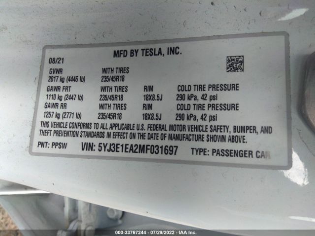 Photo 8 VIN: 5YJ3E1EA2MF031697 - TESLA MODEL 3 