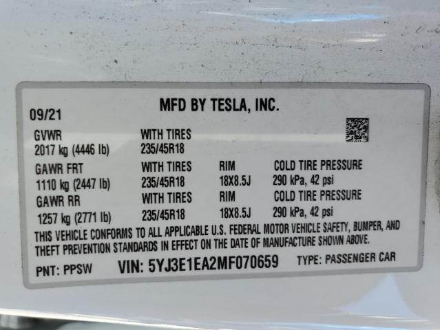 Photo 12 VIN: 5YJ3E1EA2MF070659 - TESLA MODEL 3 