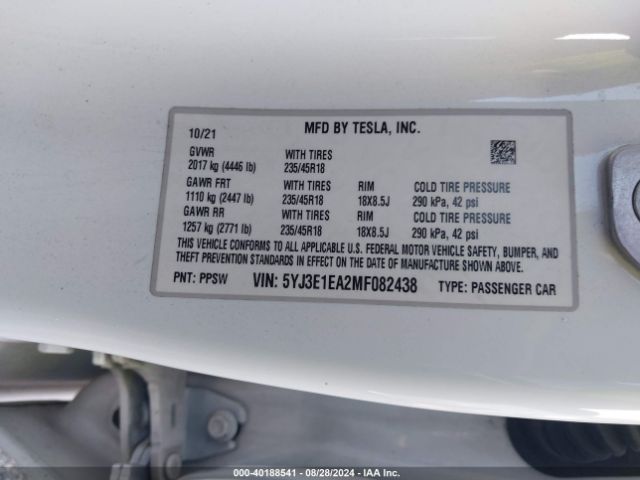 Photo 8 VIN: 5YJ3E1EA2MF082438 - TESLA MODEL 3 