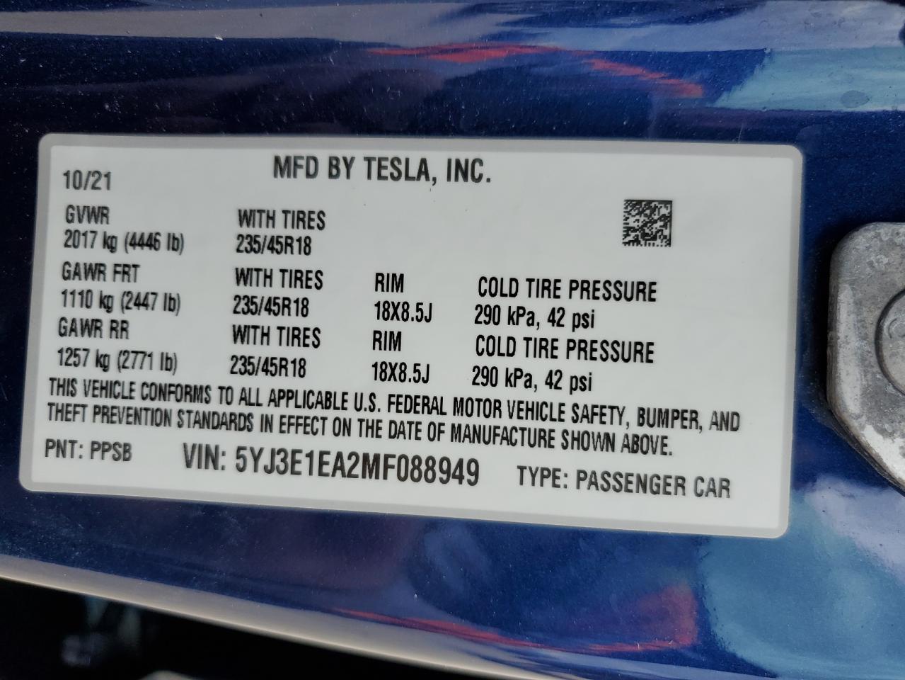 Photo 11 VIN: 5YJ3E1EA2MF088949 - TESLA MODEL 3 