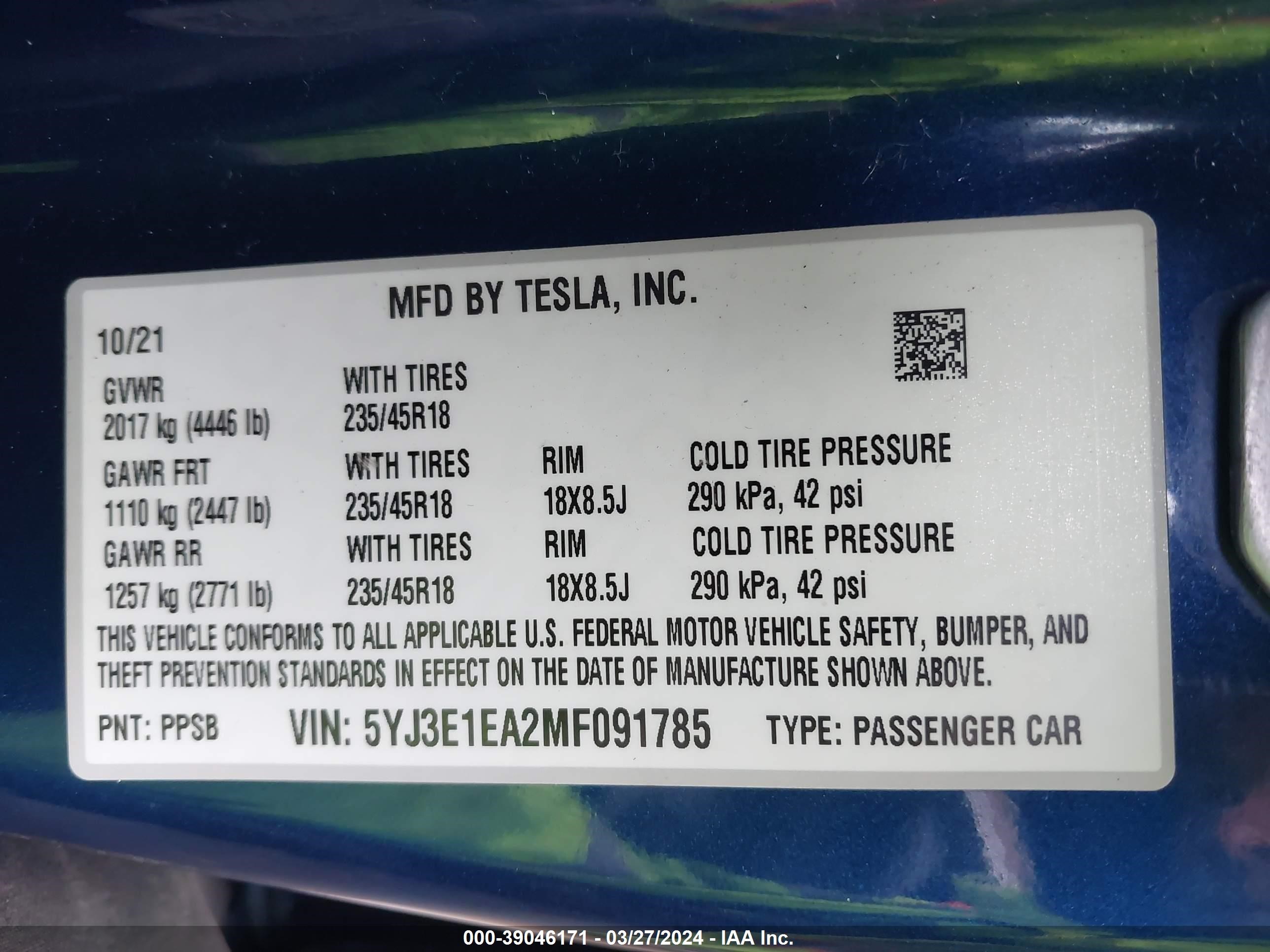 Photo 8 VIN: 5YJ3E1EA2MF091785 - TESLA MODEL 3 