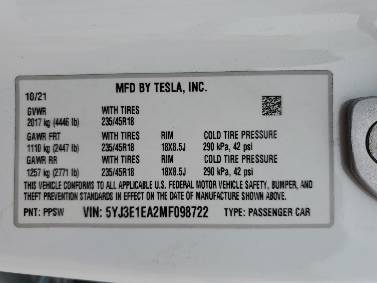 Photo 11 VIN: 5YJ3E1EA2MF098722 - TESLA MODEL 3 