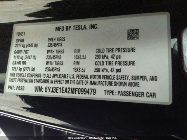 Photo 8 VIN: 5YJ3E1EA2MF099479 - TESLA MODEL 3 