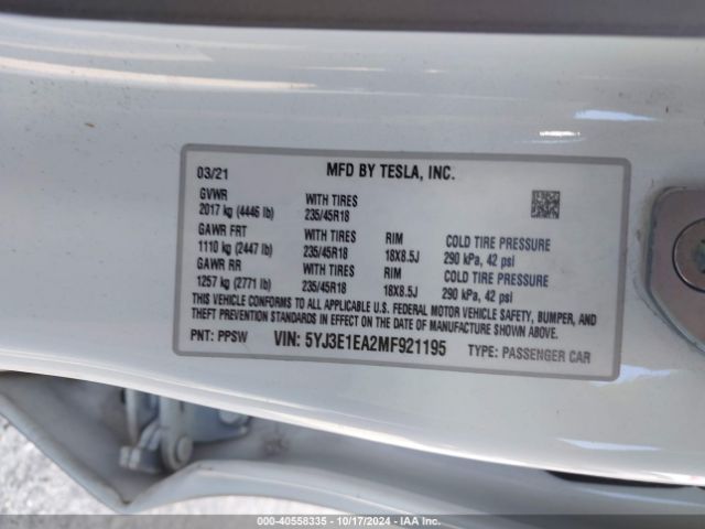 Photo 8 VIN: 5YJ3E1EA2MF921195 - TESLA MODEL 3 