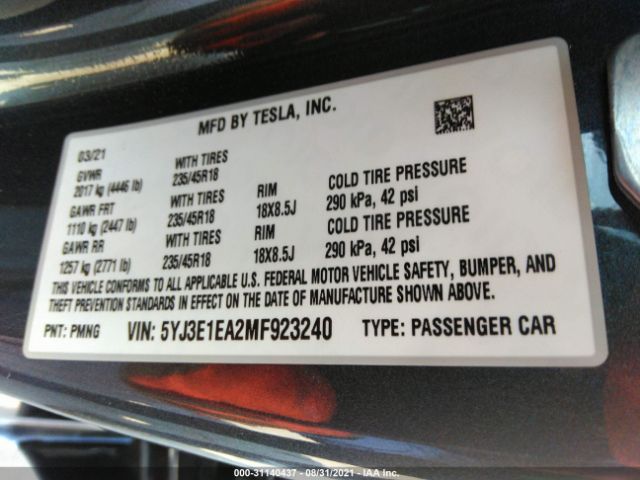 Photo 8 VIN: 5YJ3E1EA2MF923240 - TESLA MODEL 3 