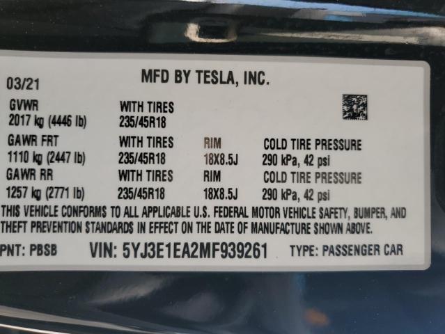 Photo 12 VIN: 5YJ3E1EA2MF939261 - TESLA MODEL 3 