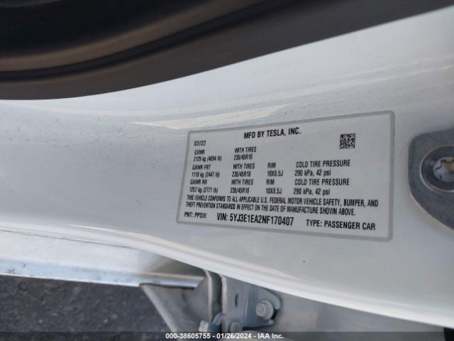 Photo 8 VIN: 5YJ3E1EA2NF170407 - TESLA MODEL 3 