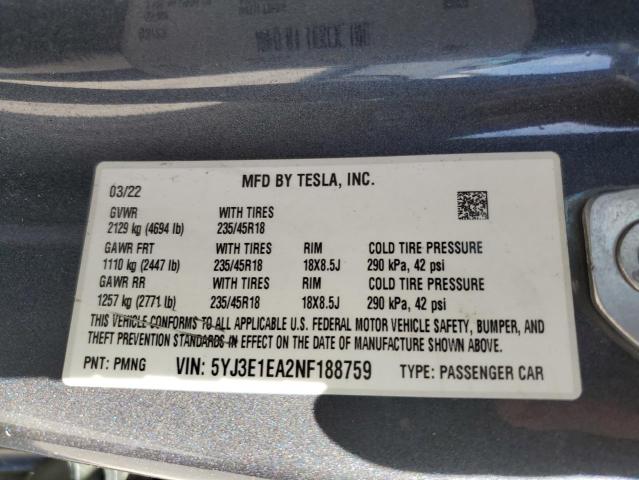 Photo 12 VIN: 5YJ3E1EA2NF188759 - TESLA MODEL 3 