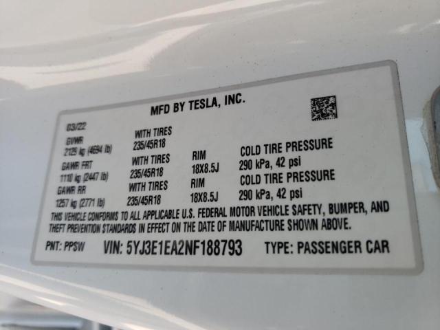 Photo 9 VIN: 5YJ3E1EA2NF188793 - TESLA MODEL 3 