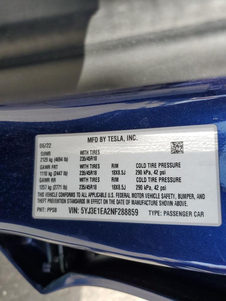 Photo 12 VIN: 5YJ3E1EA2NF288859 - TESLA MODEL 3 