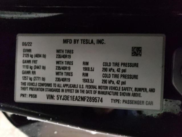 Photo 12 VIN: 5YJ3E1EA2NF289574 - TESLA MODEL 3 