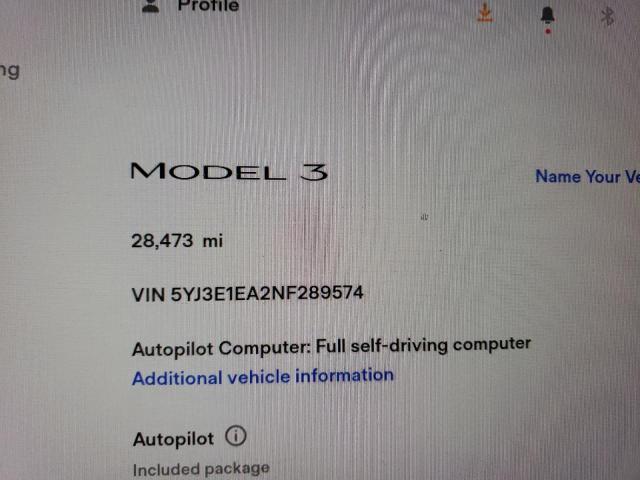 Photo 8 VIN: 5YJ3E1EA2NF289574 - TESLA MODEL 3 