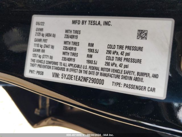 Photo 8 VIN: 5YJ3E1EA2NF290000 - TESLA MODEL 3 