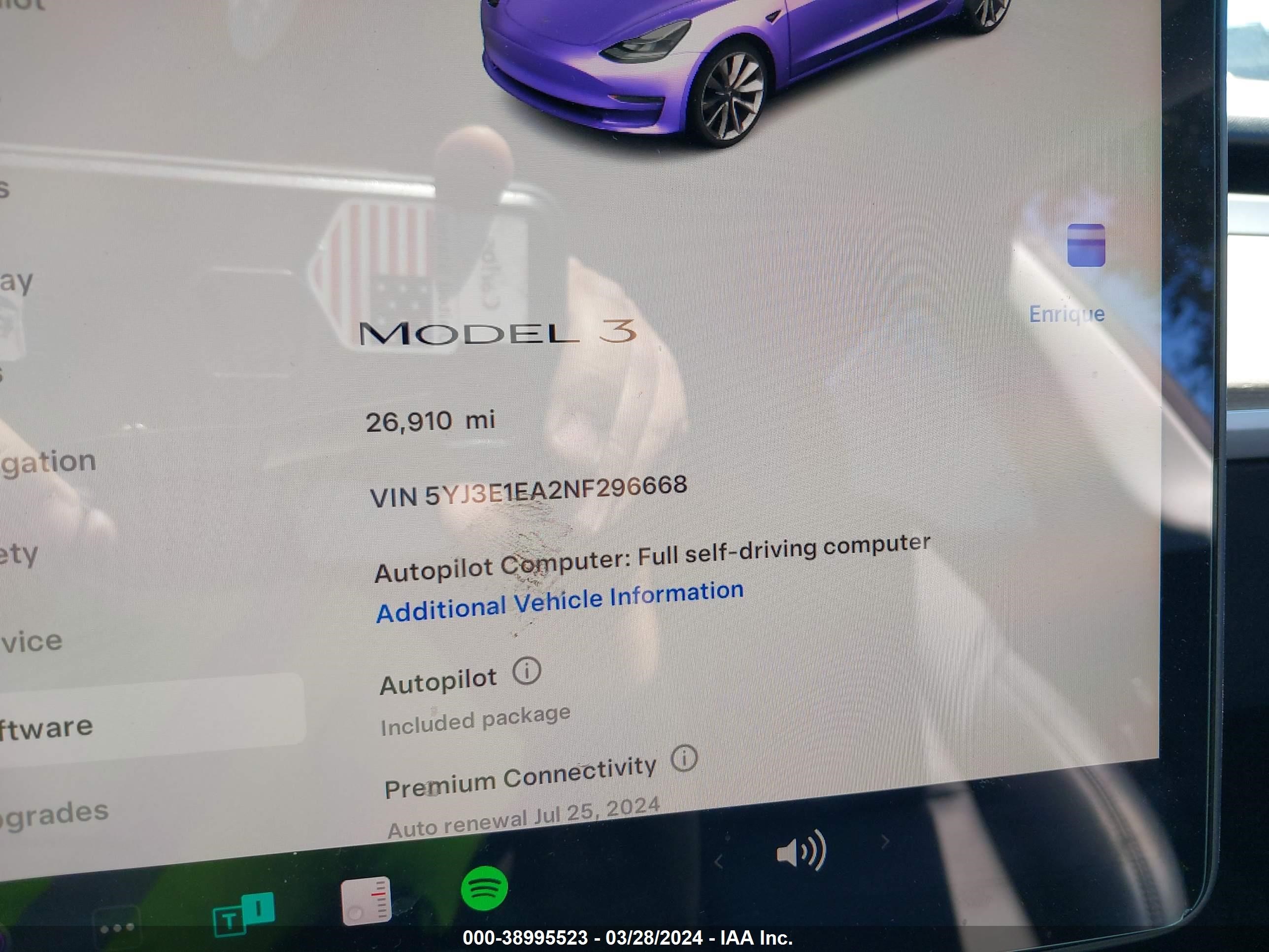 Photo 6 VIN: 5YJ3E1EA2NF296668 - TESLA MODEL 3 