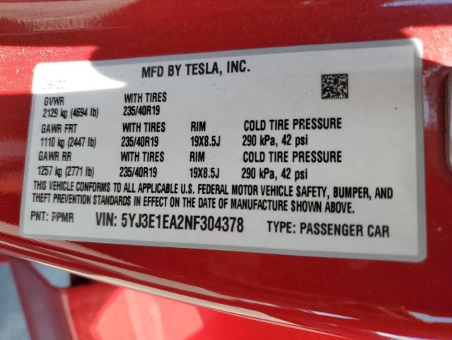 Photo 12 VIN: 5YJ3E1EA2NF304378 - TESLA MODEL 3 