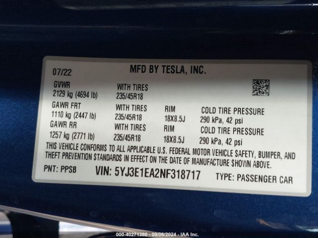 Photo 8 VIN: 5YJ3E1EA2NF318717 - TESLA MODEL 3 