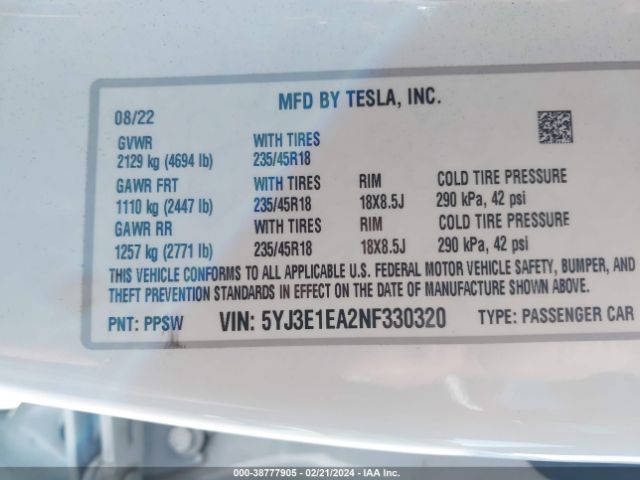 Photo 8 VIN: 5YJ3E1EA2NF330320 - TESLA MODEL 3 