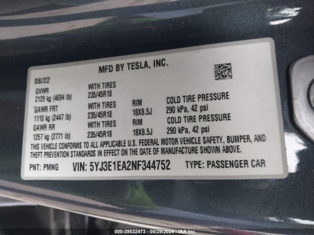 Photo 8 VIN: 5YJ3E1EA2NF344752 - TESLA MODEL 3 